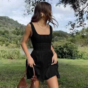 Commense Cotton Blend Solid Square Neckline Short Dress
